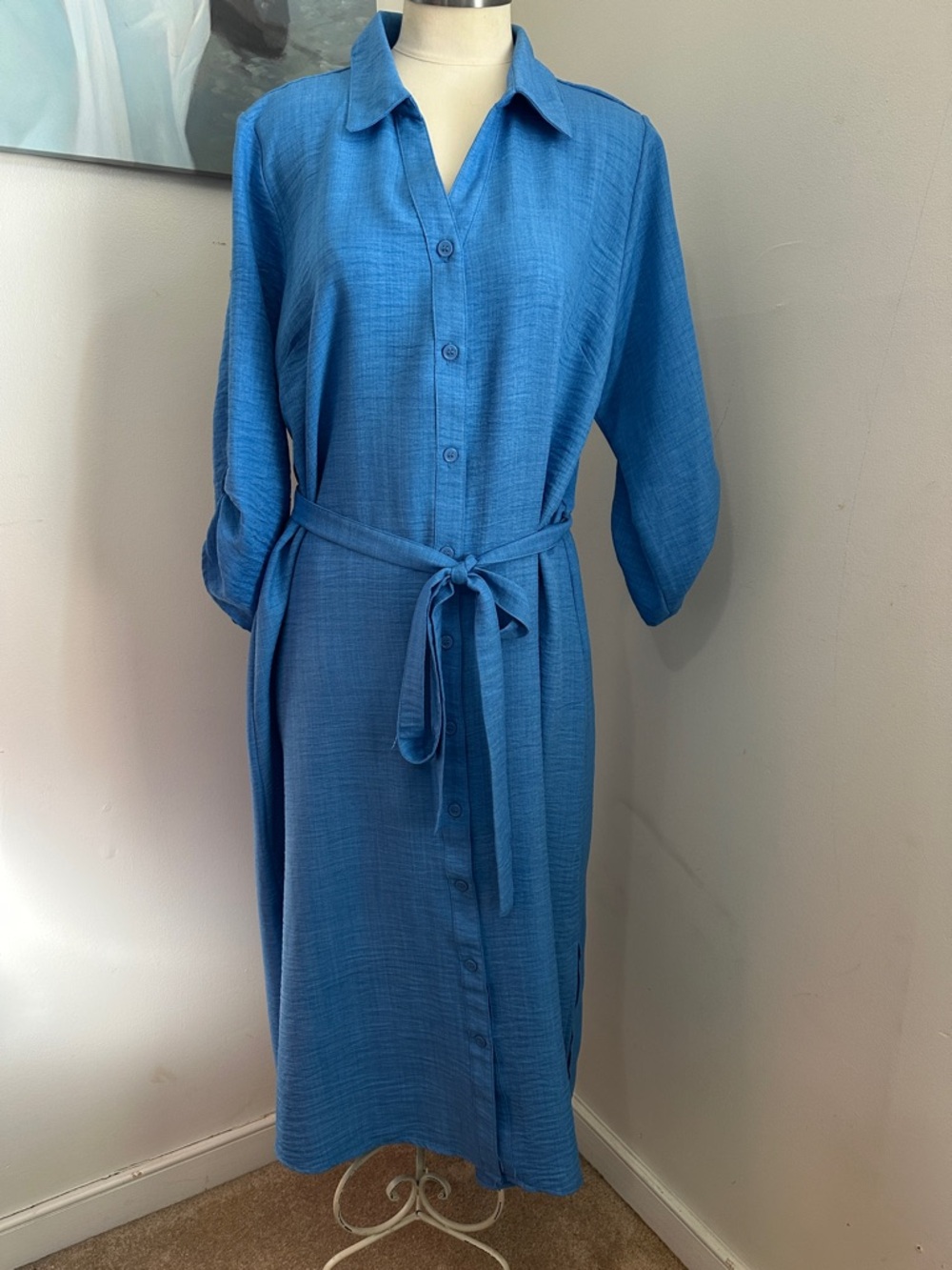 Collared Blue Midi Shirt Dress with Self Tie Belt